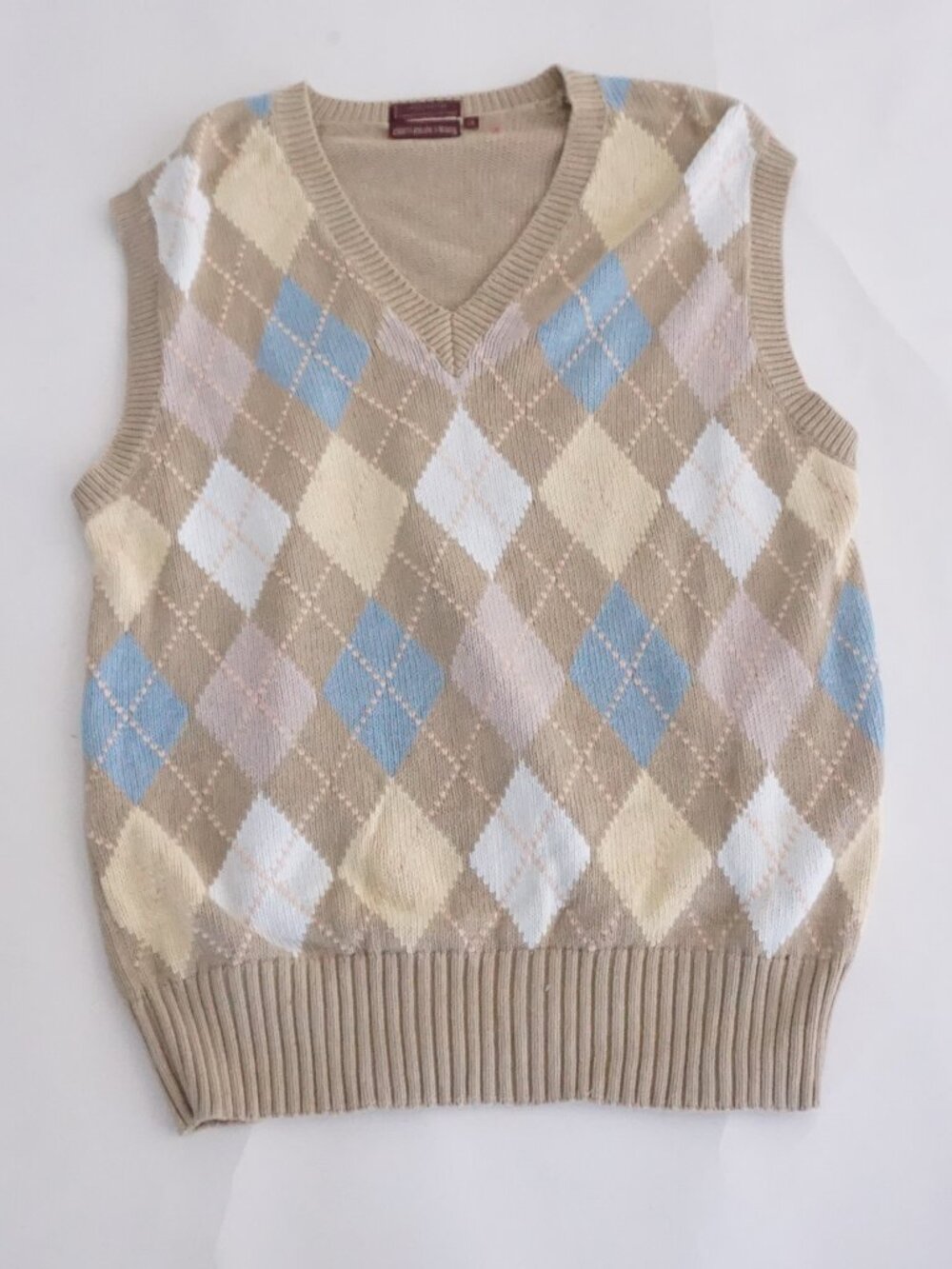 Vintage Chaps Ralph Lauren Oatmeal Pastel Argyle Cotton V Neck Golf Knit Vest XL